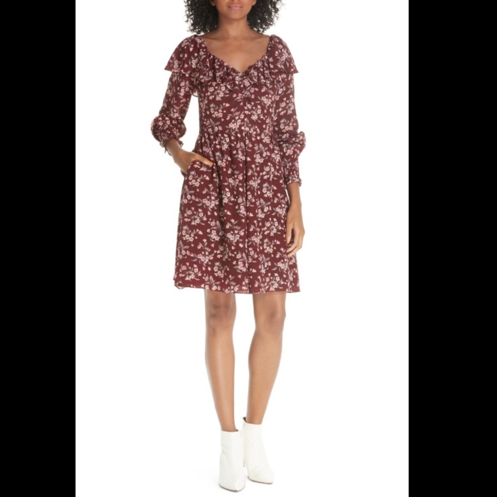 THEORY SILK BURGUNDY FLORAL RUFFLE DRESS